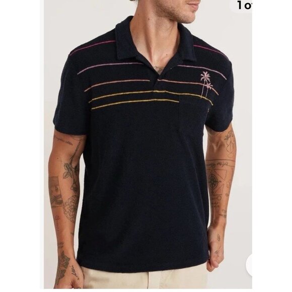 Marine Layer Terry Out Polo Navy Multistripe Short Sleeve Palm Trees Mens L/XL - Picture 12 of 12